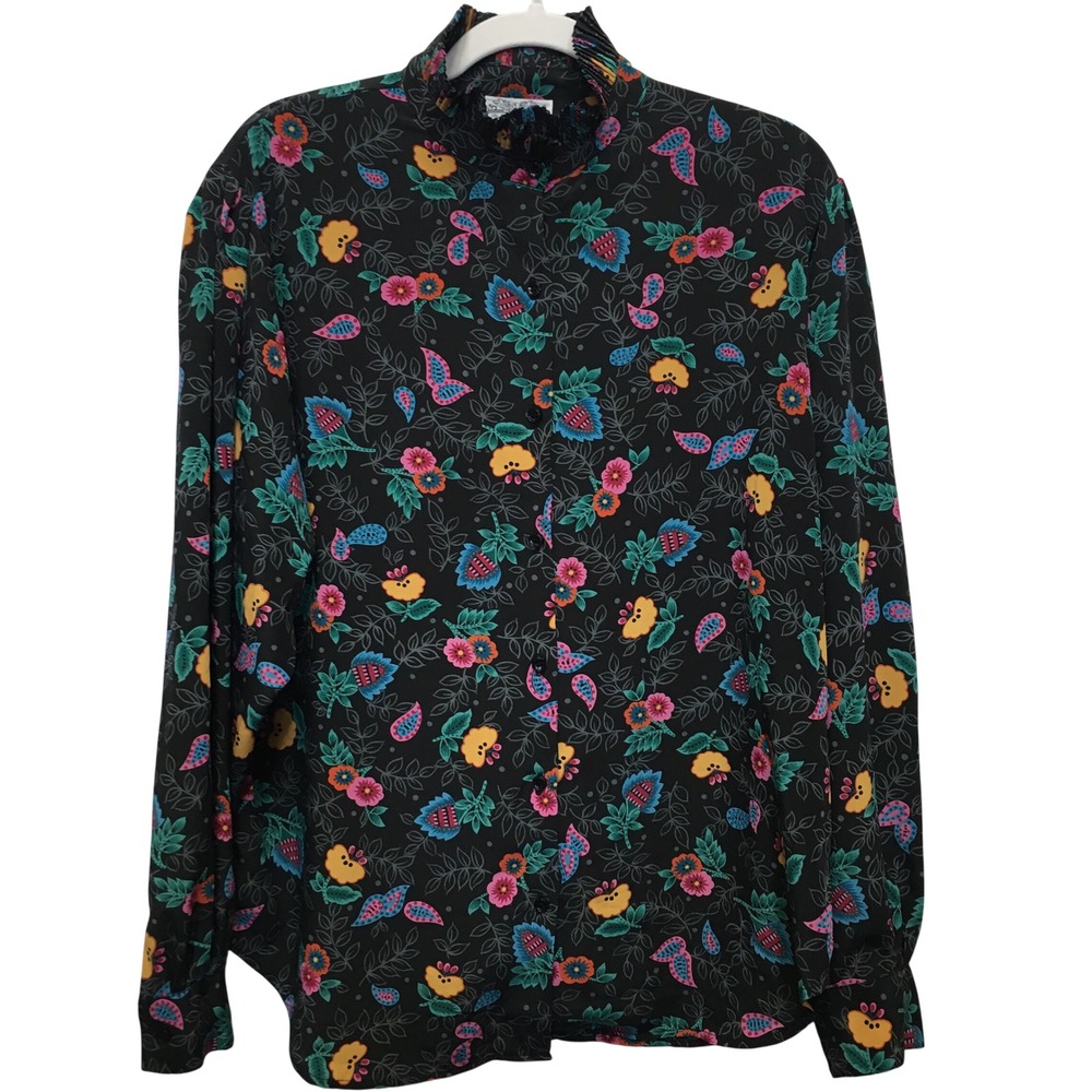 Vintage The Villager Floral Paisley Ruffle Blouse 14 Black GrandmaCore Office